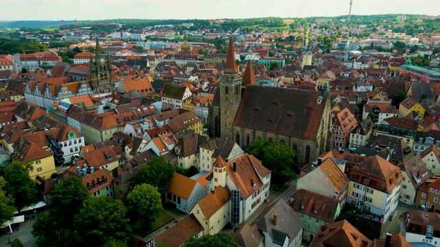 4K Aerial Drone Video of the St. Johannis Kirche Church and Kirche St. Gumbertus Church in Ansbach, Germany
