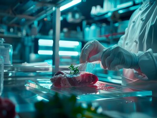 Lab grown meat being prepared by a chef using advanced culinary techniques in a high tech kitchen