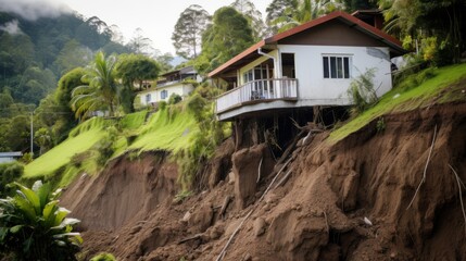 A hillside house precariously perched as it is partially buried under a recent landslide, showcasing the destructive power of natural disasters.