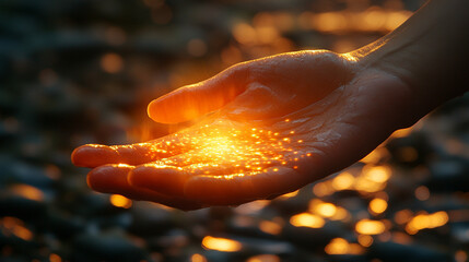 open hand reaches towards radiant golden sunlight, symbolizing hope, aspiration, and a connection to higher powers. The glowing light conveys warmth, spiritual growth, and endless possibilities