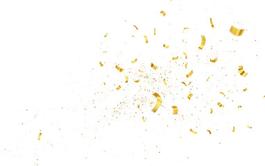 Gold Isolated Falling Foil Confetti with Glitter Dust. Golden Festive Background. Greeting Design Element. Congratulations Card