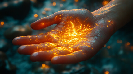 open hand reaches towards radiant golden sunlight, symbolizing hope, aspiration, and a connection to higher powers. The glowing light conveys warmth, spiritual growth, and endless possibilities