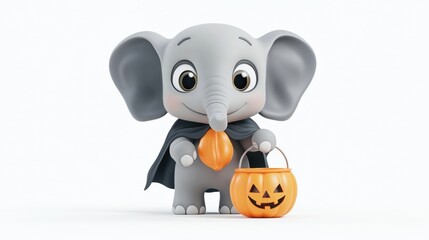 Fototapeta premium Cute Cartoon Elephant with Halloween Pumpkin Basket