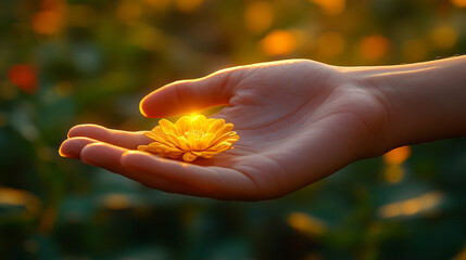 open hand reaches towards radiant golden sunlight, symbolizing hope, aspiration, and a connection to higher powers. The glowing light conveys warmth, spiritual growth, and endless possibilities