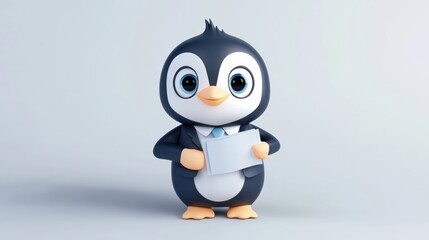 Obraz premium Cute Cartoon Penguin in Business Attire Holding Document