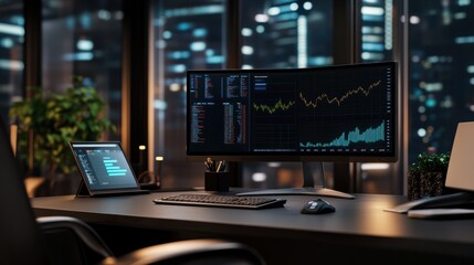 Fototapeta premium Workplace 3d render. Business and finance analytics theme.