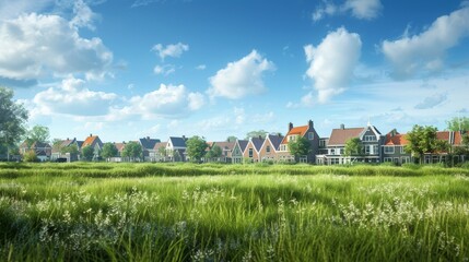 Charming rural landscape  grassy field and picturesque dutch houses beneath a clear blue sky