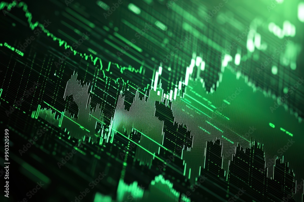 Poster abstract green financial data visualization with graph patterns on a digital background.