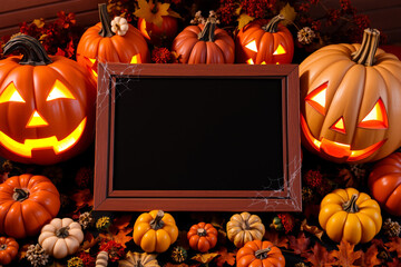 wooden frame chalkboard with halloween background.generative AI