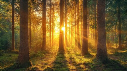 Sunlight shines brightly through the trees, creating a magical atmosphere in the pine forest.