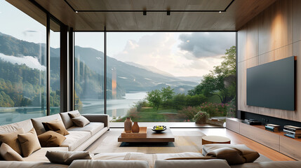 Fototapeta premium Living room with a large horizontal window positioned above the sofa, framing a scenic view and adding a modern touch. home interior design concept 