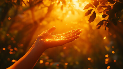 open hand reaches towards radiant golden sunlight, symbolizing hope, aspiration, and a connection to higher powers. The glowing light conveys warmth, spiritual growth, and endless possibilities