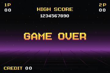 Game Over, Retro games for game assets in retro futuristic sci-fi background vector illustration. Glowing neon from an old arcade