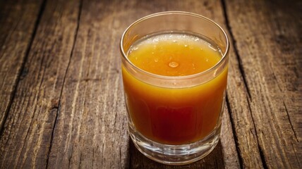 Glass of juice on wooden surface