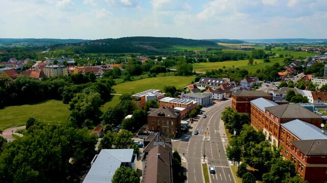 4K Aerial Drone Video of Greenspace along the Frankische Rezat River in Ansbach, Germany