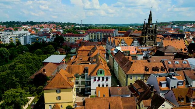 4K Aerial Drone Video of the St. Johannis Kirche Church and Kirche St. Gumbertus Church in Ansbach, Germany