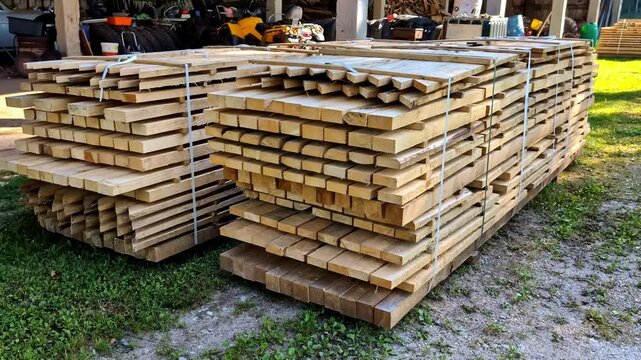 Stack Of Teak Wood Boards Ready For Delivery At Lumber Yard. dolly-in shot
