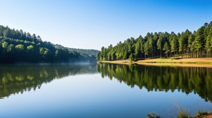 Obraz premium A serene lake mirrors the clear blue sky and surrounding forest, creating a picturesque, tranquil natural scene.
