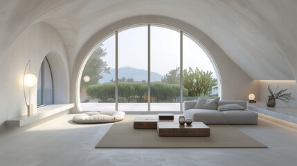 Fototapeta premium Living room with floor-to-ceiling arched windows, flooding the space with natural light and framing a minimalist sofa and coffee table. interior design 