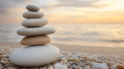 serene beach scene featuring smooth rocks meticulously stacked in balance, symbolizing tranquility, harmony, and meditation. The peaceful shoreline enhances the sense of calm and introspection