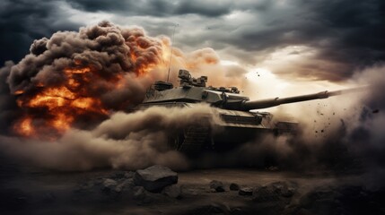 A formidable tank emerges through a dense cloud of smoke, creating a dramatic scene filled with dust, debris, and intense energy that showcases power and military strength.