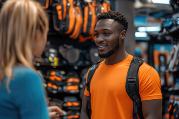 A man and a woman of African descent look for equipment for a mountain hike in a sporting goods store