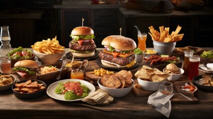 A wooden table overflows with an assortment of burgers, fries, drinks, and various side dishes, creating a vibrant feast in a cozy dining setting.