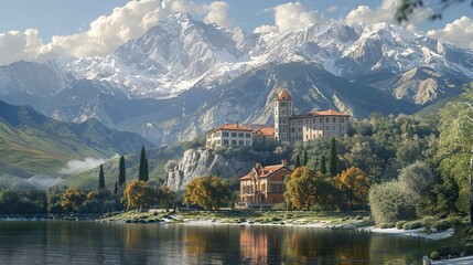 Fototapeta premium Mountain Lake Retreat: Stunning View of a Lake House Nestled in the Alps