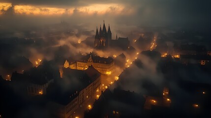Naklejka premium Drone view over an old European city center, illuminated by lanterns, stone streets and cathedrals, early morning fog, steampunk-inspired, sepia tones, high detail