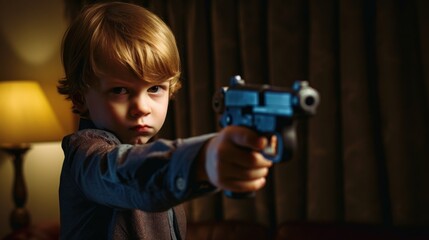 A young boy with a serious expression aims a toy gun indoors, capturing a moment of intense concentration during playtime.