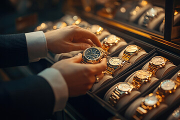 Elegant businessman admiring luxury watches in a store, showcasing a gold timepiece. Close-up highlights the intricate details of the expensive watch, representing affluence and style