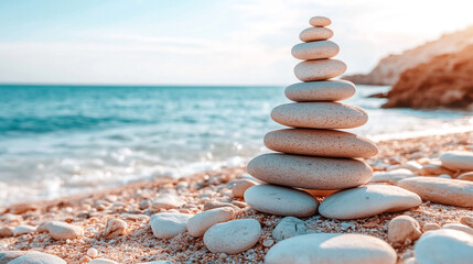 serene beach scene featuring smooth rocks meticulously stacked in balance, symbolizing tranquility, harmony, and meditation. The peaceful shoreline enhances the sense of calm and introspection
