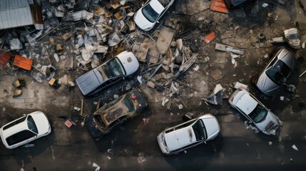 An aerial view reveals a chaotic scene of damaged and abandoned cars amidst scattered debris, portraying devastation and the aftermath of destruction.