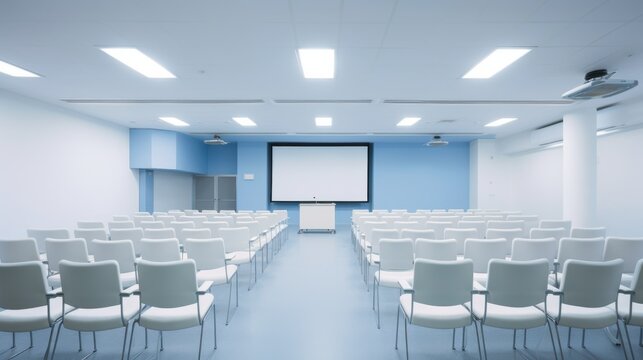 A well-lit, modern conference room with neatly arranged rows of white chairs facing a large projection screen, ready for a meeting or presentation.