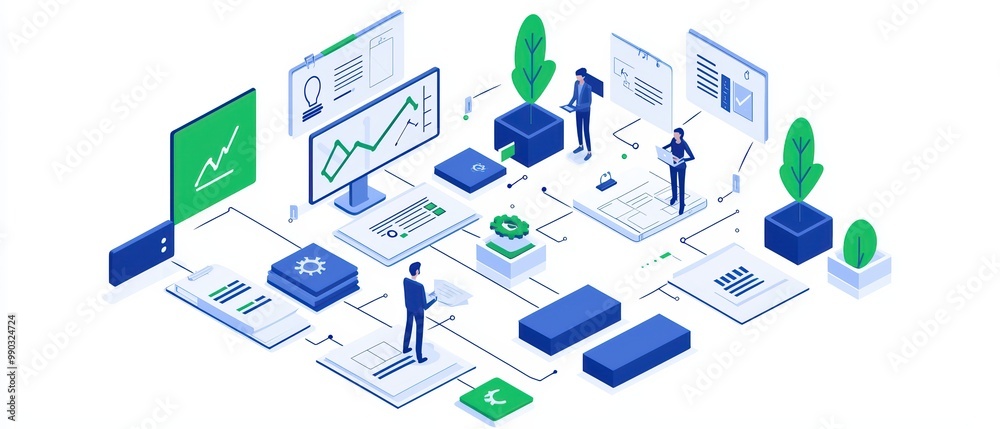 Poster digital workspace concept with charts, graphs, and workers interacting with data on screens.