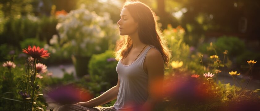 A young woman peacefully meditates amidst vibrant, colorful flowers in a sunlit garden, embracing tranquility and natural beauty.