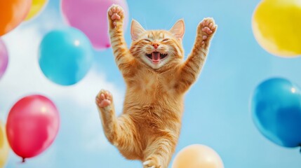 Fototapeta premium a ginger cat jumping, expressing his joyful and happiness. on the blue bright sky and colorful balloons.