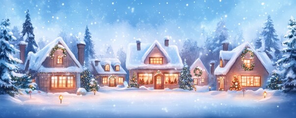 Obraz premium A peaceful winter scene featuring cozy, snow-covered houses adorned with lights, surrounded by tall evergreen trees under a gentle snowfall.