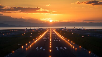 Obraz premium High-altitude perspective of an airport during sunset, multiple planes in motion on the runways, glowing lights guiding aircraft movements