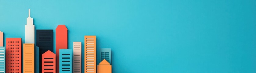Vibrant paper cutout city skyline against a bright blue background, showcasing architectural diversity and creativity.