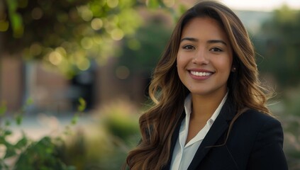 Beautiful, smiling Hispanic woman in business clothing, standing outside an office building with greenery and a blurred background. Confident Young Professional at a outdoor Networking Event.