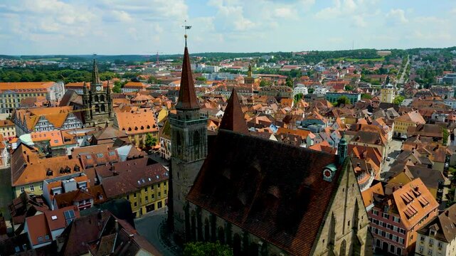 4K Aerial Drone Video of the St. Johannis Kirche Church and Kirche St. Gumbertus Church in Downtown Ansbach, Germany