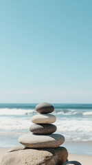 serene beach scene featuring smooth rocks meticulously stacked in balance, symbolizing tranquility, harmony, and meditation. The peaceful shoreline enhances the sense of calm and introspection