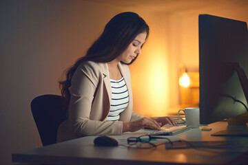 Remote work, night or woman typing on computer for copywriting, internet and research for project....