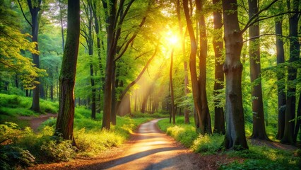 Obraz premium Sunlight filtering through the canopy of a verdant forest, illuminating a winding path leading into the heart of the woods.