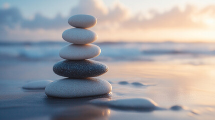 serene beach scene featuring smooth rocks meticulously stacked in balance, symbolizing tranquility, harmony, and meditation. The peaceful shoreline enhances the sense of calm and introspection