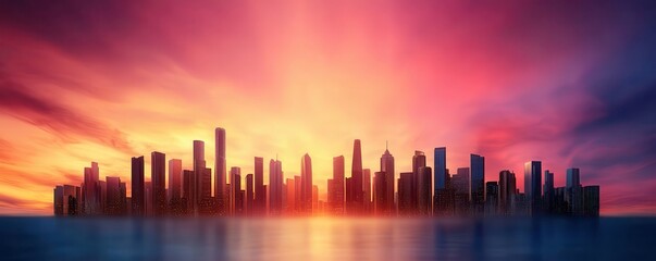 Fototapeta premium A vibrant sunset illuminates a modern city skyline, reflecting beautifully on the water, creating a stunning urban landscape.
