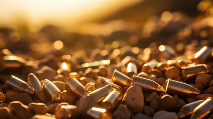 Fototapeta premium Multiple shiny bullet shells scattered on a rough, sunlit terrain, suggesting a shooting range or battleground scene with rich golden hues.