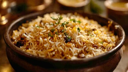A bowl of biryani, a popular Indian dish, with rice, spices, and herbs.