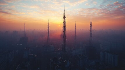 Cityscape at Sunrise with Communication Towers